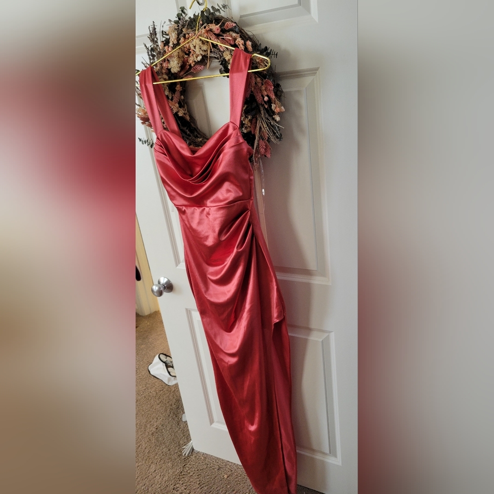 Windsor Kirsten Satin Cowl Neck High Slit Formal Dress - Picture 7 of 10